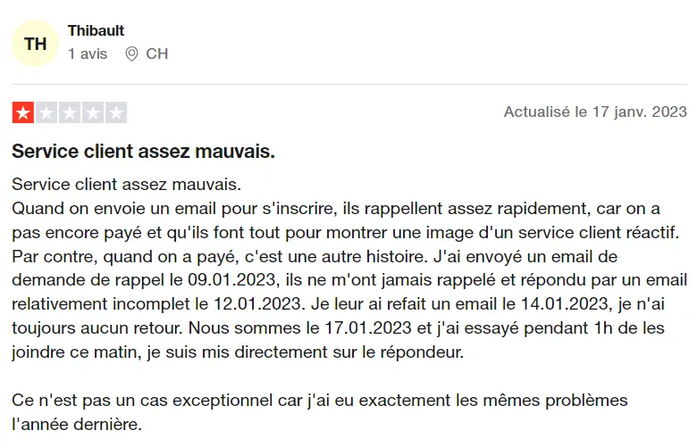 Je déclare mon meuble avis négatif d'un client sur Trustpilot