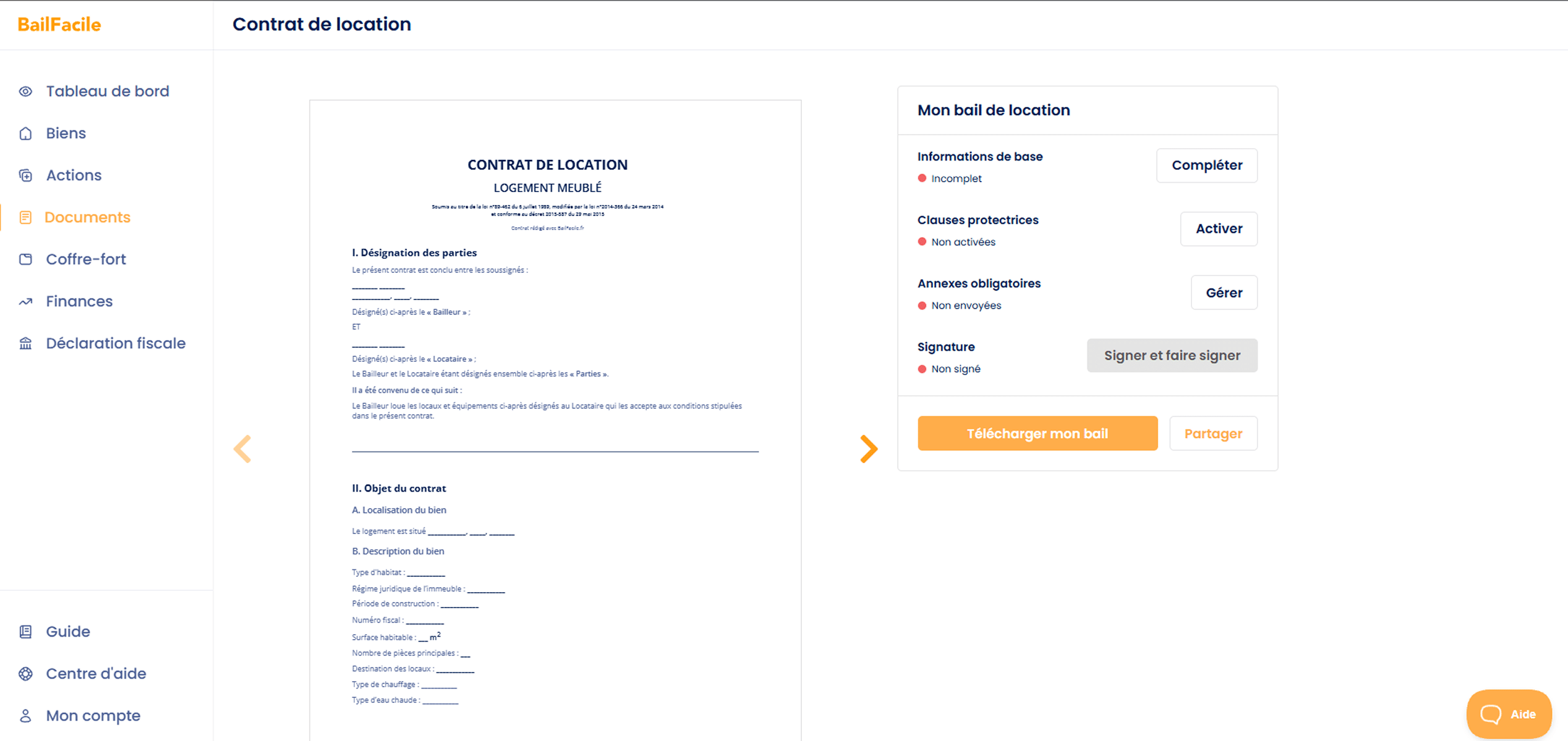 Tableau de suivi d'un bail sur BailFacile : informations, clauses, annexes et signature