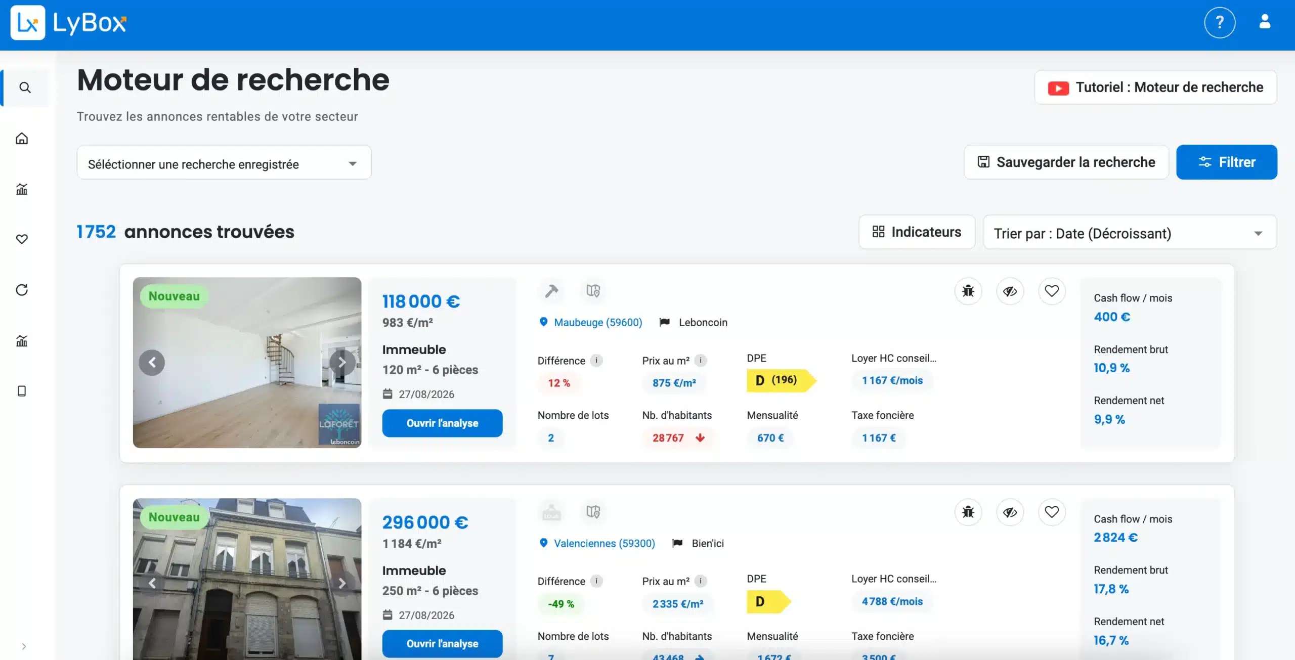 Moteur de recherche LyBox regroupant les annonces immobilières avec cash flow et rendement
