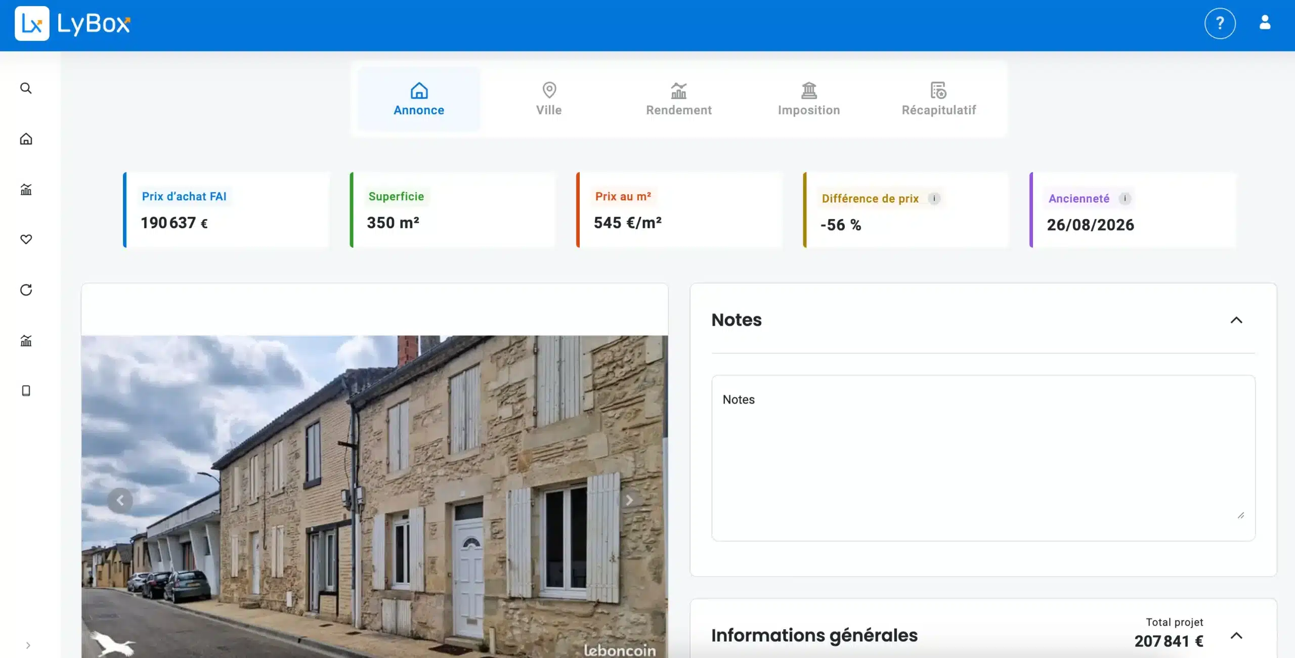 Fiche détaillée d'une annonce sur LyBox : prix, superficie, prix au m², notes