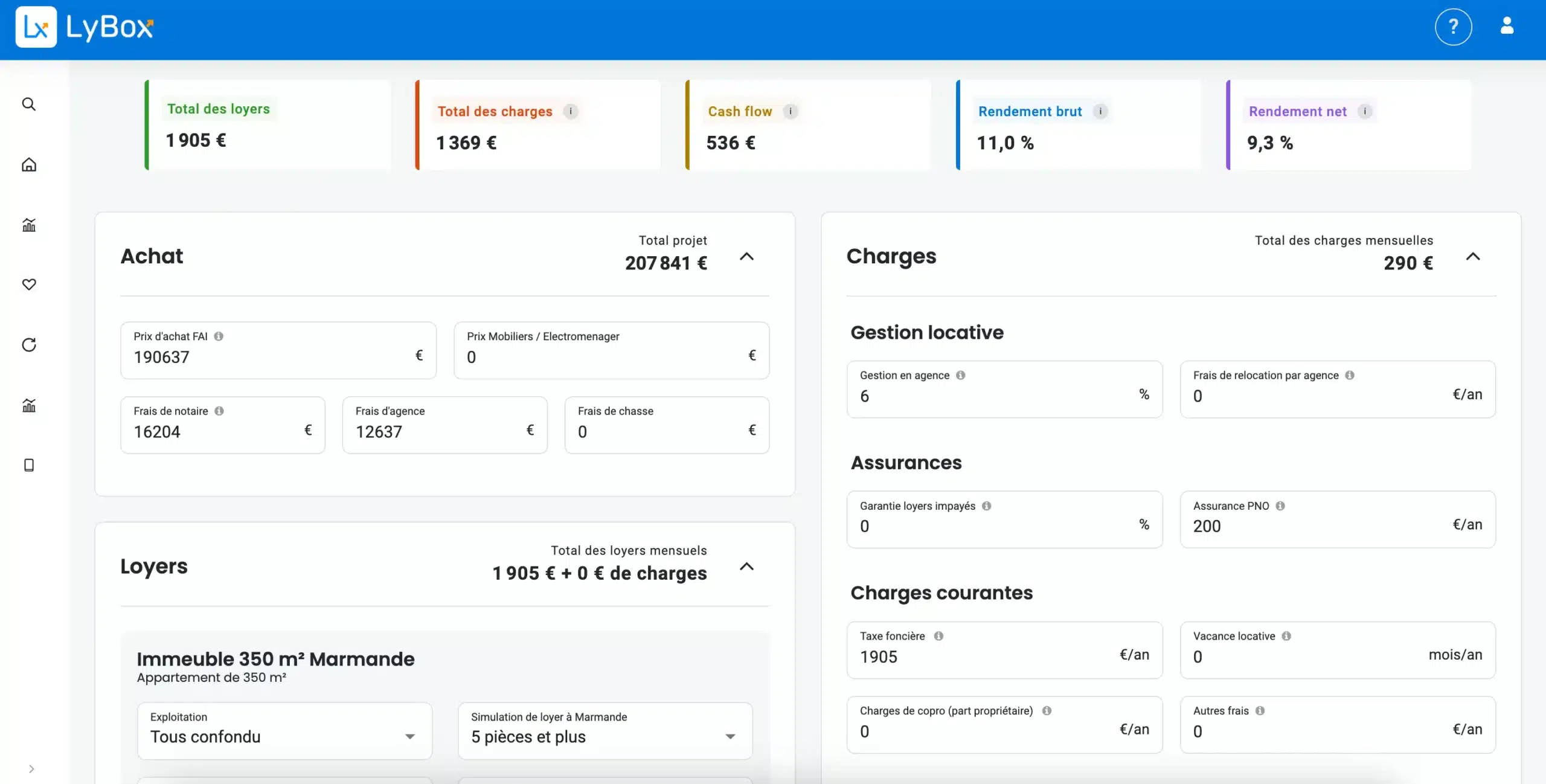 Calcul du cash flow et du rendement sur LyBox : achat, loyers, charges, assurances
