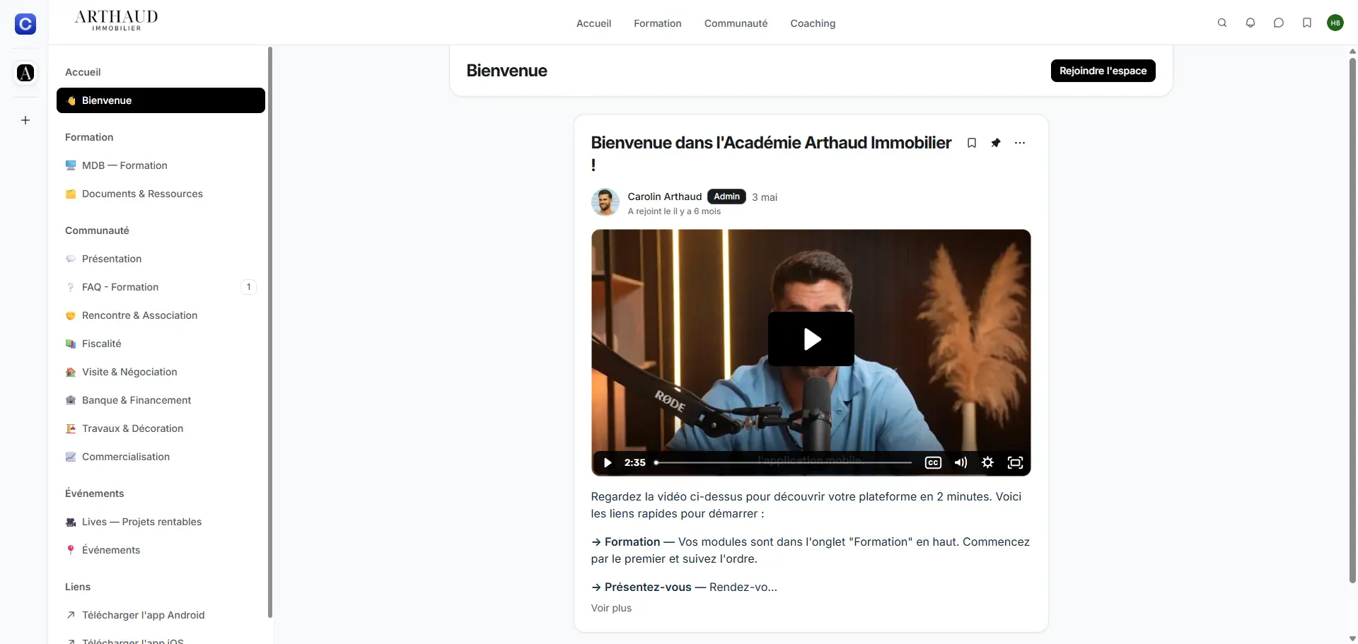 Écran d'accueil de la plateforme Arthaud Immobilier, fil Bienvenue