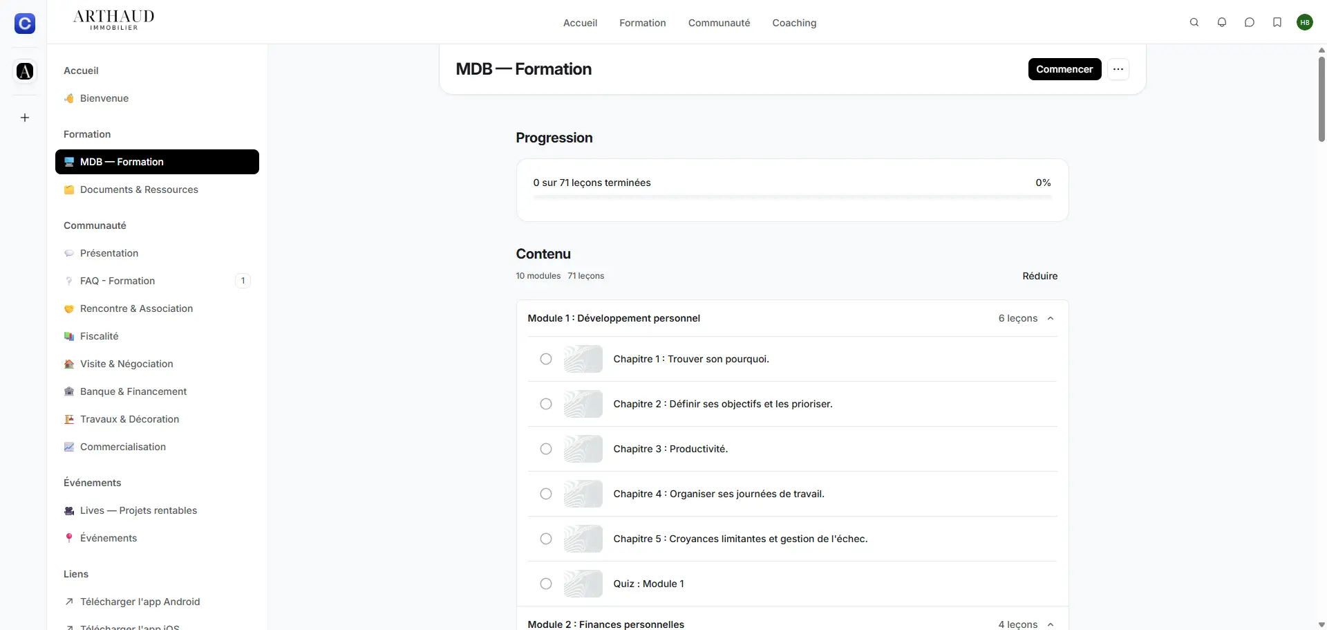 Page du programme MDB — Formation, liste des modules et barre de progression