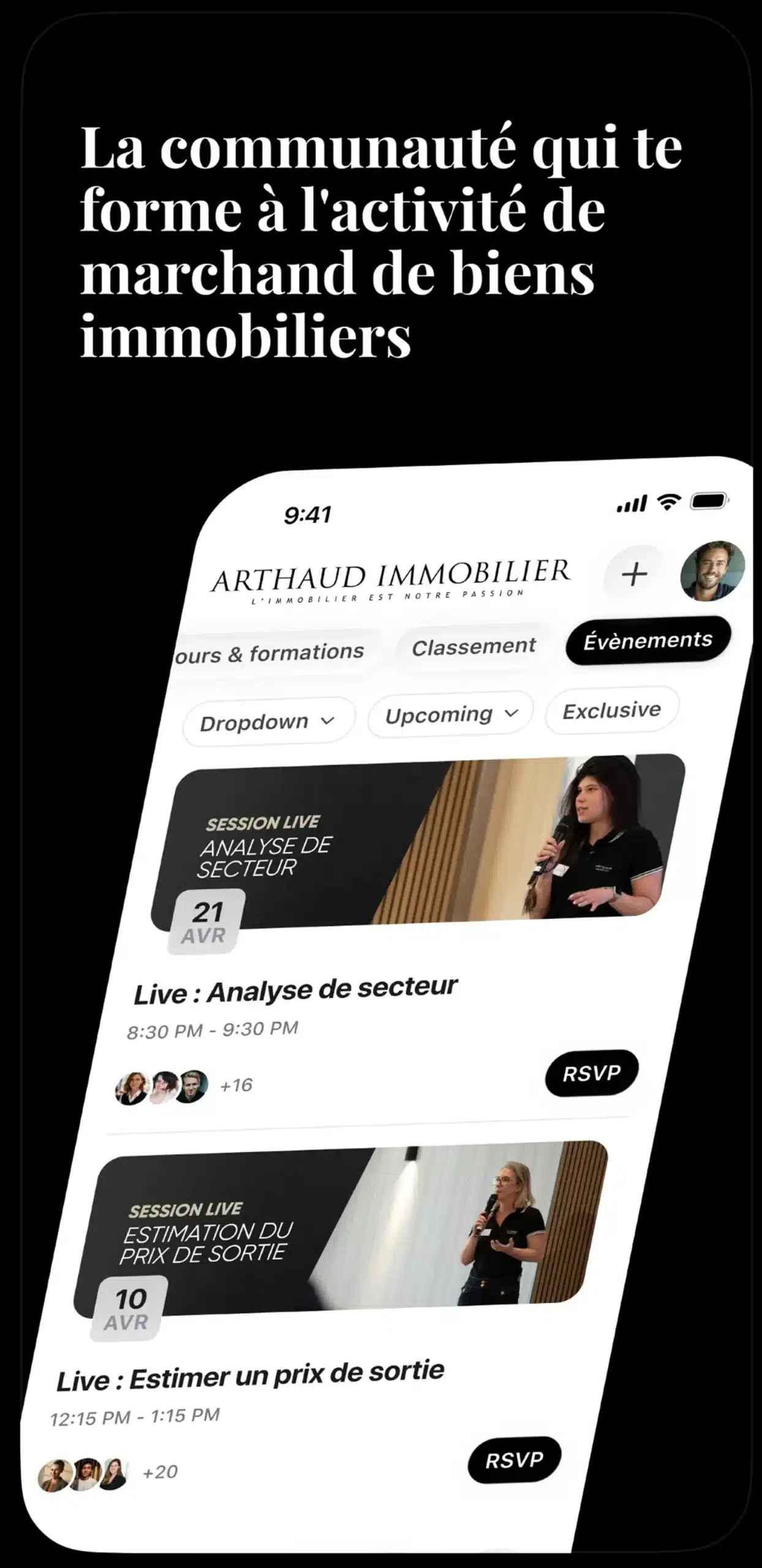Onglet Événements de l'application, liste des lives à venir avec RSVP
