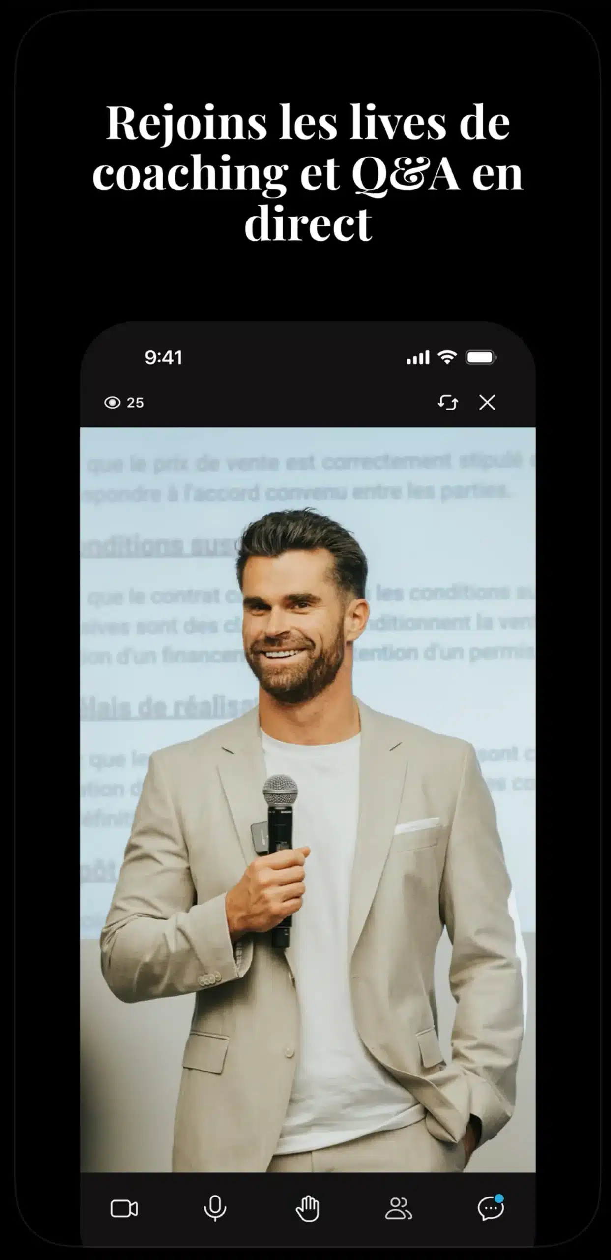 Session de coaching en direct dans l'application, avec chat et prise de parole