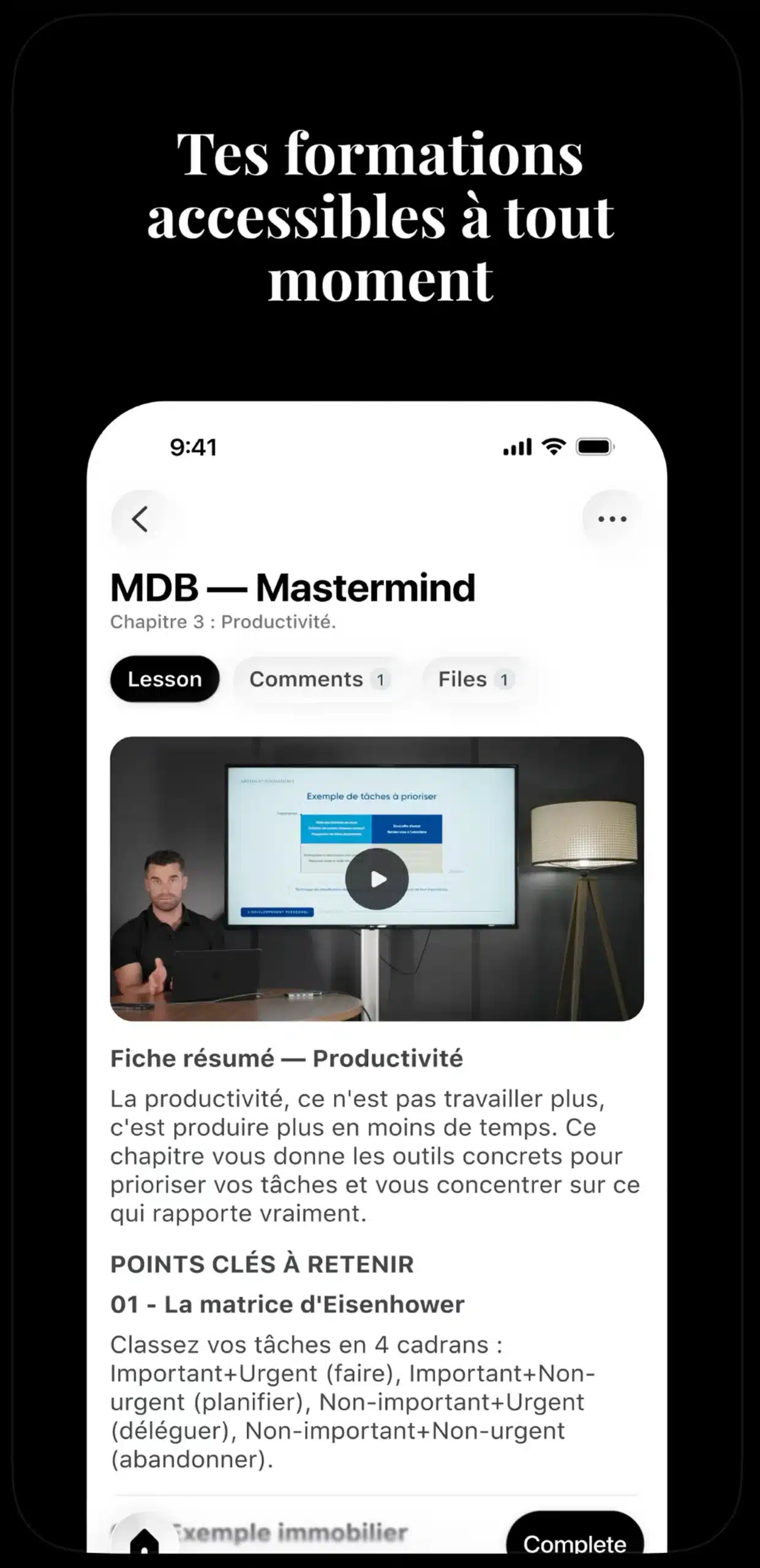 Leçon vidéo du module Mastermind avec fiche résumé écrite et points clés à retenir