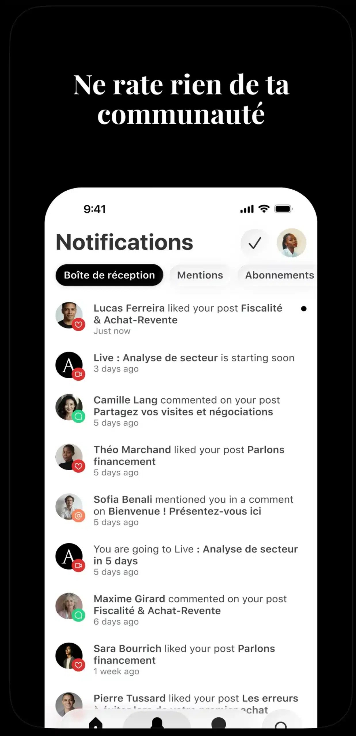 Centre de notifications de l'application : likes, commentaires, rappels de lives, mentions